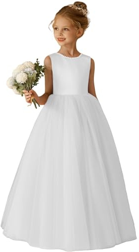 GETCUTE Toddler Girl's Crew Neck Satin Pageant Dress White Flower Girl Dresses for Wedding Party Puffy Tulle First Communion Dress Baptism Kids Holiday Dresses White Size 8