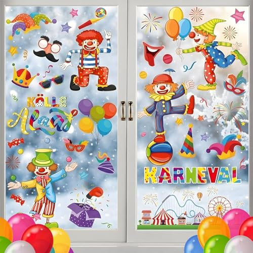 Decorazione per carnevale, motivo circo, immagini di finestre, design con pagliacci divertenti e palloncini colorati per feste di compleanno e a tema circo