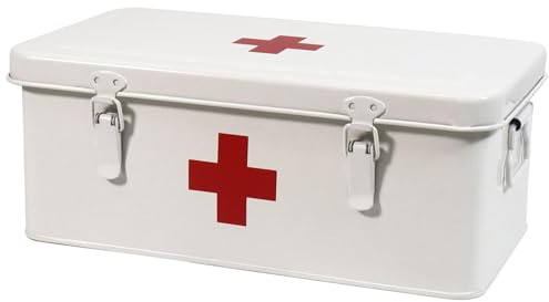 Hynorian Boîte Pharmacie Métal Blanc avec Couvercle pour Maison Rangement | Boîte métal avec couvercle pour médicaments, pansements et petits articles; format compact à ranger dans un placard maison.