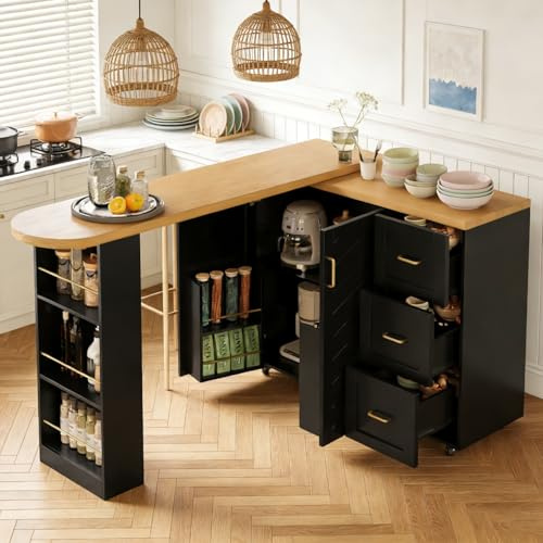 Wyibwy Mueble carro de cocina, isla cocina bar extensible 135 – 228 x 39 x 104 cm, isla de cocina sobre ruedas con 2 puertas y 3 cajones, carro de comedor con superficie de trabajo plegable de madera