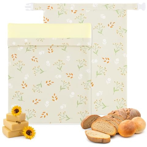 Brotbeutel Leinen mit Natürlichem Bienenwachs - Wiederverwendbare Plastikfreie Aufbewahrung für Brot, Sauerteig & Backwaren Frischhalten (Doppelschicht, 2er Pack, 43×33cm) (helles Apricot)