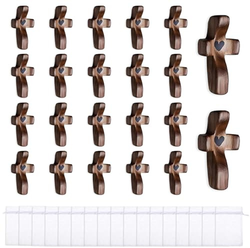 20Pcs Wooden Cross with Storage Bag, Vintage Handheld Crosses with Heart-Inlay, Vintage Pocket Small Cross for Pray & Home Decor, Encouragement Gifts for Adults Fingertip Stress Relief