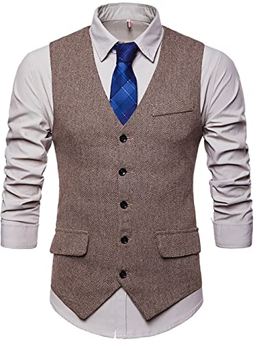 Showu Paisley Gilet Uomo Senza Maniche Scollo V Slim Fit Doppiopetto Monopetto Matrimonio Panciotto (A Spina di Pesce/Cachi3, L)