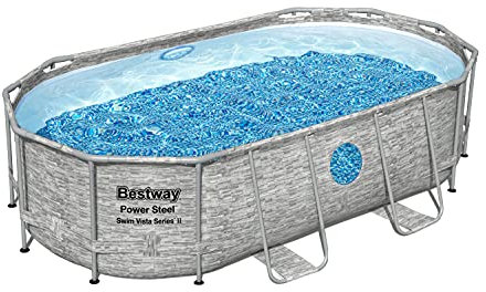 Bestway Power Steel Swim Vista Series Frame Pool Komplett-Set mit Filterpumpe 427 x 250 x 100 cm, Steinwand-Optik (Cremegrau), oval