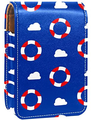 Nautical Blue Lifebuoy Lip Gloss Holder Lipstick Case Portable Mini Lipstick Storage Box Travel Lipstick Organizer Case with Mirror for Women