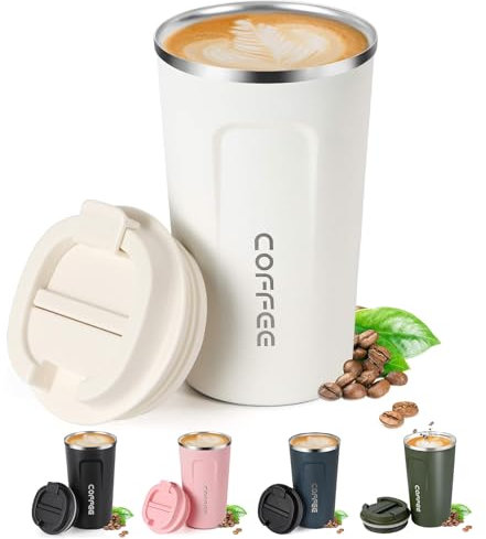 Senshuomy Travel Coffee Mug Spill Proof,Insulated Coffee Mug to Go,Coffee Tumbler,Reusable Coffee Cups with Seal Lid,Thermos Cup for Keep Hot/Ice Coffee,Tea and Beer (White/510ml)