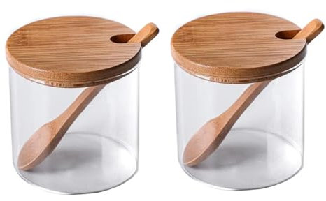 OHEETU 2 contenitori per condimenti in vetro trasparente da 300 ml, con coperchio in legno, contenitori per zucchero, sale, con cucchiaio in legno, contenitori da cucina