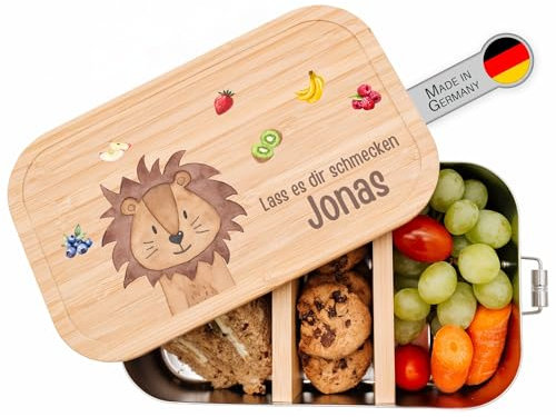 wunderwunsch® - Personalisierte Brotdose für Kinder - Robuste und Individuelle Edelstahl Brotdose mit Namen - Personalisierte Geschenke für Kinder (klein Edelstahl,Löwe mit Obst)