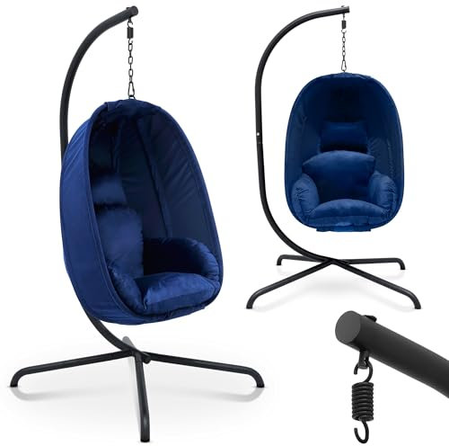 MIADOMODO® Hängesessel - mit Ständer und Kissen, Höhenverstellbar, Gestell aus Eisen, bis 160 kg Belastbar - Ei Hängeschaukel, Hängekorb Schaukel, Hängestuhl, Indoor/Outdoor, Garten (Blau)