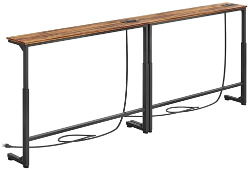 Kitstorack 2-Pack Narrow Console Table with Adjustable Height (25-33) & 2 Power Outlets, Skinny Behind Couch Table, 78.8 Long x 5.9 Wide Sofa Side Table for Living Room, Rustic Brown
