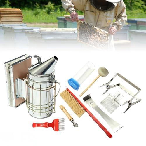 MEHOOSPVN 8-Teiliges Imker-Werkzeug-Set, Imker Smoker, Werkzeuge Zubehör zur Bienenzucht Imkereibedarf für Professionelle Anfänger-Imker, Bienenbürste, Königin Markierungskäfig mit Stößel