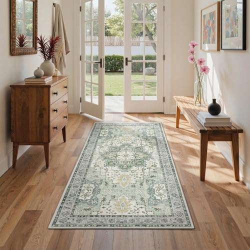 GENIMO Waschbarer Vintage Teppich Graugrün fürs Wohnzimmer, 80x150 cm | Weicher Kurzflor, Rutschfeste Rückseite, Pflegeleicht für Schlafzimmer und Esszimmer