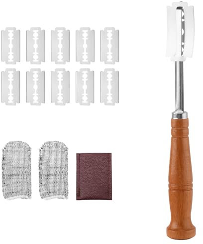Gosknor Lame à Pain, Outil de Marquage du Pain avec 10 Lames de Rasoir 2 Manchons Anti-Coupures et Housse de Protection en Cuir Couteau de Marquage pour le Levain le Découpage du Pain la Pâtisserie
