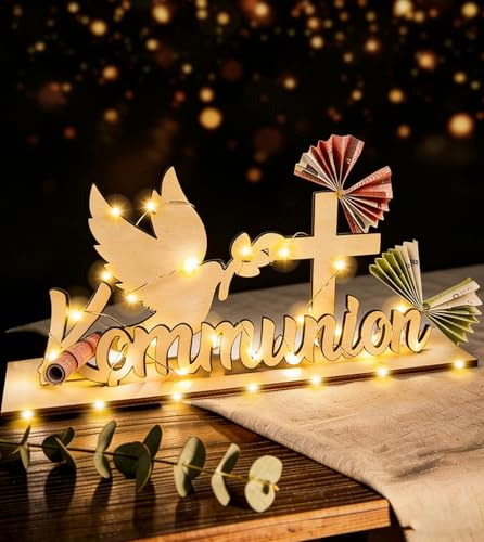 Luckeey Geldgeschenk Kommunion mit LED Lichterkette, Holz Kommunion Geschenke für Mädchen Jung, Kommunionsgeschenk Erstkommunion Geschenke