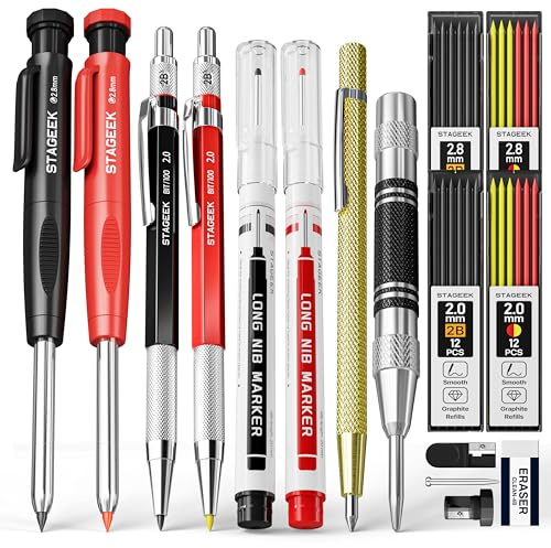 STAGEEK 17 Crayons Charpentier avec Taille Crayon 40 Recharges, Poinçon Automatique, Outil de Traçage en Carbure, Gomme et Marqueur pour Trous Profonds Robuste pour Architectes - Étui inclus