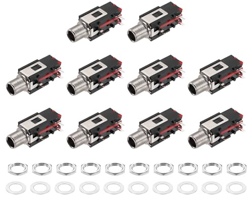 QUARKZMAN 10 st 1/4 tum 6,35 mm stereo ljuduttag 50 V 3 poler hona PCB kontakt stereo hörlursuttag med muttrar och avståndshållare för hörlurar högtalare bil 36 x 17 x 13 mm