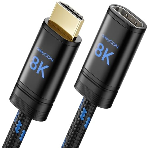 deleyCON 1m 8K HDMI 2.1 Förlängningskabel - för TV, Monitor, PS4, PS5, Xbox, Dolby Atmos Soundbar EARC HDR10+ 48Gbps Kabel Förlängning Koppling Adapter - 8K@60Hz, 4K@120Hz/144Hz, 2K@240Hz