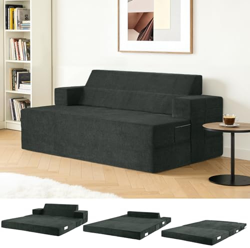 Fantico 4-in-1 Schlafsofa 150 x 200 cm – Schlafsessel mit Bettfunktion, klappbares Bettsofa, Faltbare Schlafcouch mit schrägen Rückenkissen & separatem Kissen, waschbarer Bezug, Grau