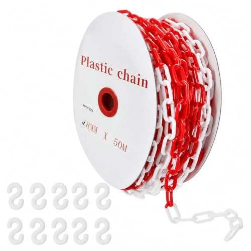 Cadena de seguridad de plástico rojo y blanco, 8 mm x 50 m, cadena de advertencia, cadena de plástico con 10 ganchos en S, cadenas de barrera para obras, aparcamientos, colas y cuidado de pedidos