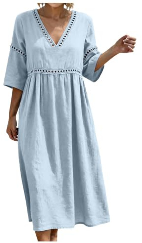 Dam bomull linne mini slip klänning damer ledig lös spagettirem ärmlös solklänning enfärgad sommar strand kami-klänning, Himmelsblått, 3XL