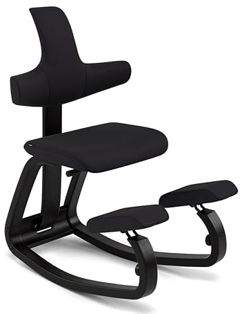 Varier Thatsit Schwarz/Schwarz Ergonomischer Kniestuhl Höhenverstellbar mit Rückenlehne und Holzrahmen aus Buche für Aktives Sitzen – 10 Jahre Qualitätsgarantie