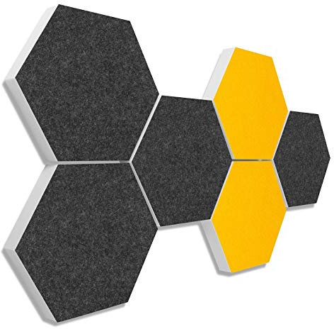 platino24 Akustikpaneele 6 Elemente Colore Waben Ø 30 cm Anthrazit + Sonnengelb I Schallabsorber aus Basotect G+ mit Akustikfilz I Schalldämmung Wand & Decke I Akustikelemente Wandpaneel