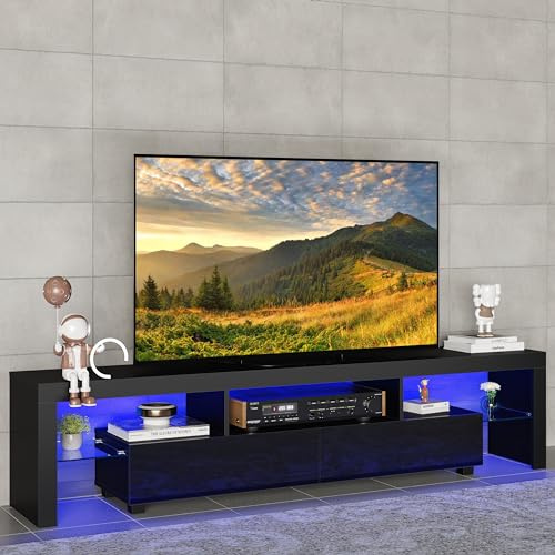 Panana Modern White 200CM TV Unit Stand for 65 to 85 inch TV With RGB LED Lights High Gloss Door TV Stand Living Room Furniture TV Cabinet (Black)