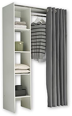 Stella Trading JENKE Verstellbarer Kleiderschrank Weiß mit Stoffvorhang - Vielseitiger Allzweckschrank mit cleverer Inneneinteilung - 120-157 x 195 x 50 cm (B/H/T)