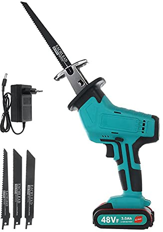 Sierra Sable Inalámbrica, Sierra Alternativa 48V con Batería, Velocidad Variable, Carga Rápida 1 Hora, Podadora Inalámbrica con 4 Hojas de Sierra para Cortar Madera, Metal