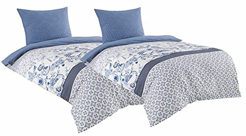 Leonado Vicenti 4teilige Bettwäsche 135x200 cm 100% Baumwolle Renforce Deckenbezug weiß blau Wendefunktion