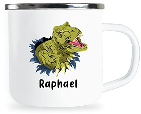 Raphael Personalisierte Kindertasse mit Name und lustigem Dinosaurier Motiv Emaille Tasse individuelle Geschenke Kind Geburtstag Junge Mädchen Metallbecher Emailletasse Geschenkidee