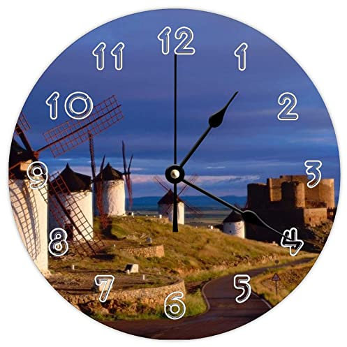 Funlucy Modern Round Wall Clock - Windmills Cosuegra Spain Castle Valley Road Natural theme Silent Non Ticking Wall Clocks for Kitchen, Office, Retro Hanging Clock, 10 Inches