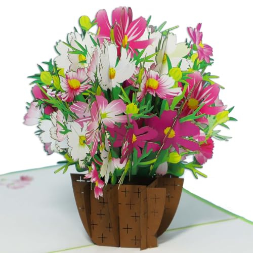 Pop-Up Karte Blumenkorb – 3D Muttertag Grußkarte, N503 | Blumenkorb, Cosmea, Papierkunst, aufklappbar, Frühlingsgeschenk, Rosa