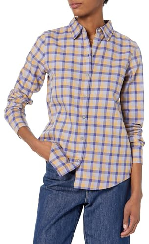 Amazon Essentials Women's Regular-Fit Long-Sleeve Lightweight Cotton Brushed Flannel Shirt, Light Camel Plaid, Medium