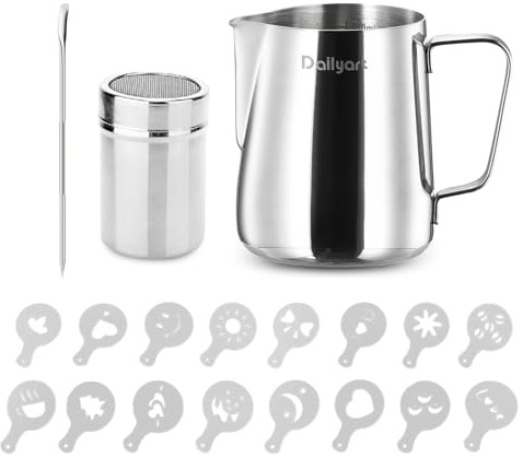Milk Jug for Coffee Machine, Dailyart 12oz/350ml Food Grade 304 Stainless Steel Milk Frother Jug, Coffee Machine Accessories Milk Frothing Jug with 16 Latte Art Stencils & Pen for Cappuccino Espresso