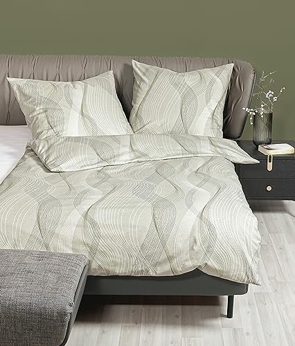 Janine Bettwäsche 135x200cm + 80x80cm Davos - weicher Bettbezug aus Feinbiber - mit Reißverschluss - 100% Baumwolle - Öko-Tex - sprühgrün Oliv