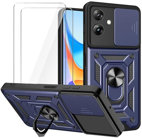 LYZXMY Funda para Motorola Moto G54 5G (6.5) + 2 x Protector de Pantalla Vidrio Templado - Carcasa con Soporte rotativo de 360 °[ Doble Capa PC + TPU ] Caso Case Azul