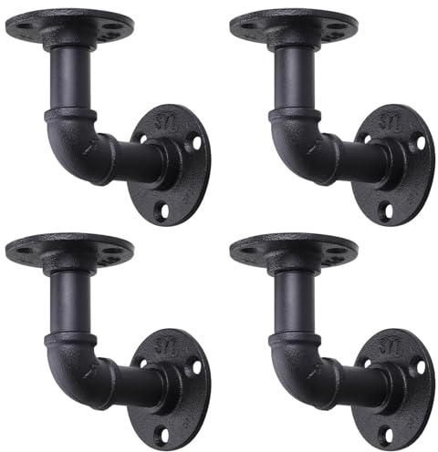 4 Pack Industrial Pipe Shelf Brackets, Black Floating Pipe Brackets with Screws, Heavy Duty Wall Mounted Pipe Shelves for Home Scaffold Board - 10×18cm