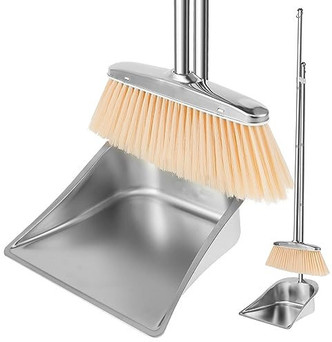 Long Handled Dustpan and Brush Set Stainless Steel Upright Broom and Dustpan Set with Adjustable Handle Heavy Duty Dust Pan and Brush Set Portable Sweeper and Dustpan Set for Home Office Dorm (Square)