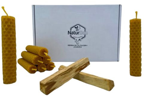 8 Velas de Miel de Abeja + Palo Santo para Rituales 100% Natural Cera Pura(8 Velas 10 cm x .2 cm aprox + 2 Palo Santo) - Hechas a Mano - Origen España Sierra de La Culebra Zamora - SIN PARAFINA (pack)