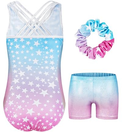 JiAmy Maillot Gimnasia Ritmica para Niña, Maillot Disfraz Gimnasta Sin Mangas Espalda cruzada Maillot Ballet Incluyendo Hairband Pantalones cortos Niña de 11-12 años