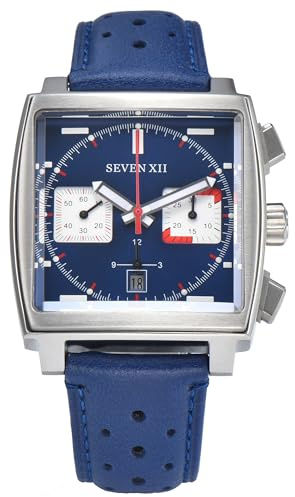 Orologio cronografo automatico quadrato da uomo a carica automatica con cristallo di zaffiro, orologio da polso luminoso con cinturino in pelle S003, Blu