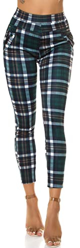 Koucla rutig tryckt hög midja affärslook treggings, Grön, M/L