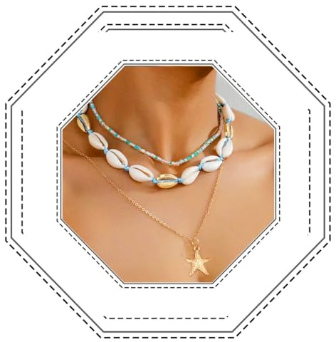 Jovono Boho-Muschel-Choker-Halskette, mehrlagig, Gold, Seastar-Anhänger, Halskette, Perlen, 3 Stück für Damen, /