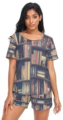 HMZXZ Damen Schlafanzug-Set Ausbildung Bücher Sommer Pyjama Woman Set,Bücherregal Loungewear und Shorts Lounge Set Sleepwear Nachtwäsche
