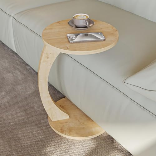 Sugodesign Tavolino rotondo da salotto effetto rovere, con ruote, a forma di C, elegante, ideale come piano d’appoggio per divano e poltrona
