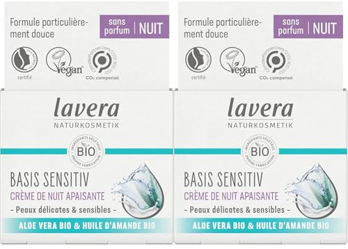 lavera basis sensitiv Beruhigende Nachtcreme - Naturkosmetik - Vegan - Bio Aloe Vera & Bio Mandelöl - Feuchtigkeitsspendend - Gesichtscreme - Nachtpflege - parfümfrei - 1 x 50ml (Packung mit 2)