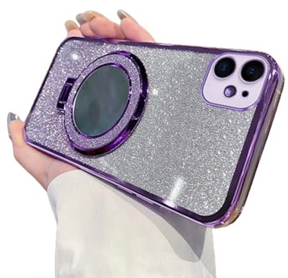 IMEIKONST Sparkly for iPhone 12 Mini Case Gradient Glitter Purple DSJ | Makeup Mirror Ring Stand Function, Full Camera Protector, Soft Silicone Shockproof, Plated Transparent Cover for Girl Women