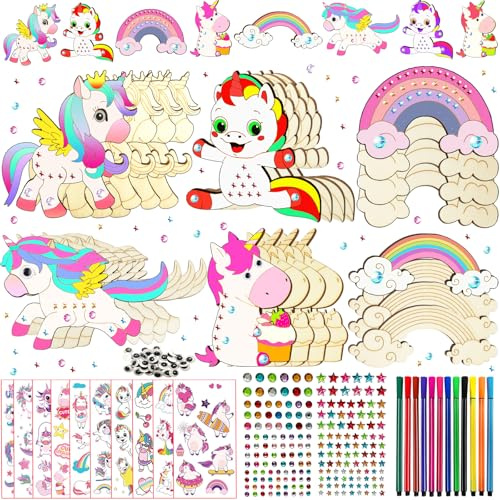 FZYESNO Einhorn Holz Basteln Kinder, Einhorn Bastelset – 24 Teile, 6 Verschiedene Formen