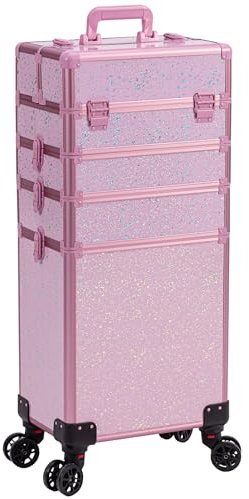 AROUS Rolling Makeup Train Case Large Storage Cosmetic Trolley 5 in 1 Large Capacity Trolley Makeup Travel Case with Key Swivel Wheels Salon Barber Case Traveling Cart Trunk, Pink